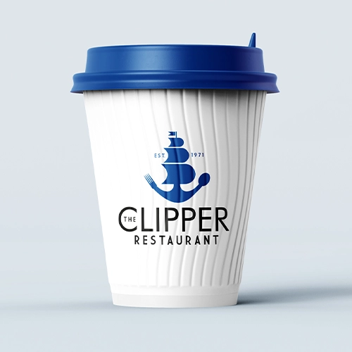 The Clipper Restaurant logo design applied to a cup