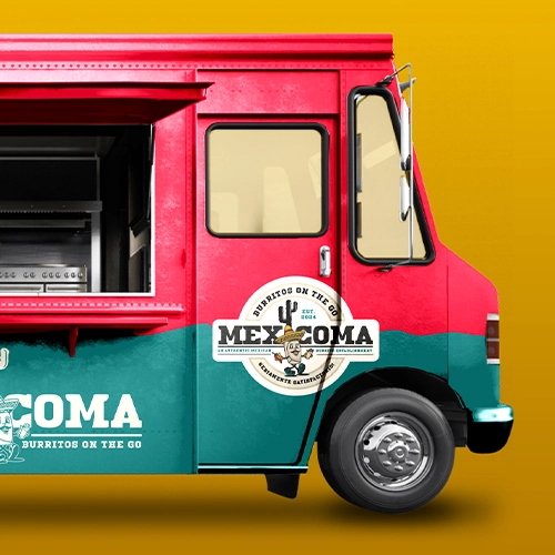Mexicoma logo applied to the front of a van