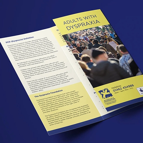 A 3-fold leaflet design for the Dyspraxia Association.