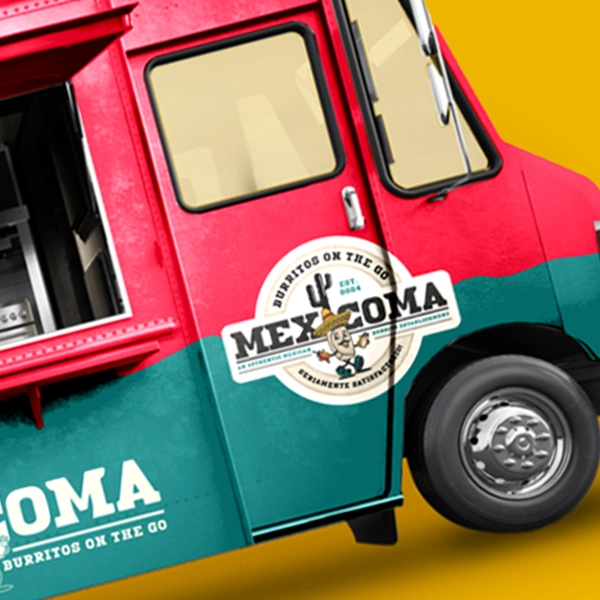Mexicoma logo design on the front of a van