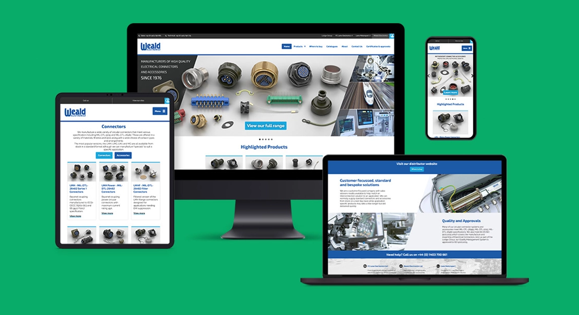 A fully responsive website that has been made to work across all sizes of device. This one is being displayed on a smartphone, a tablet, a laptop and a desktop computer.