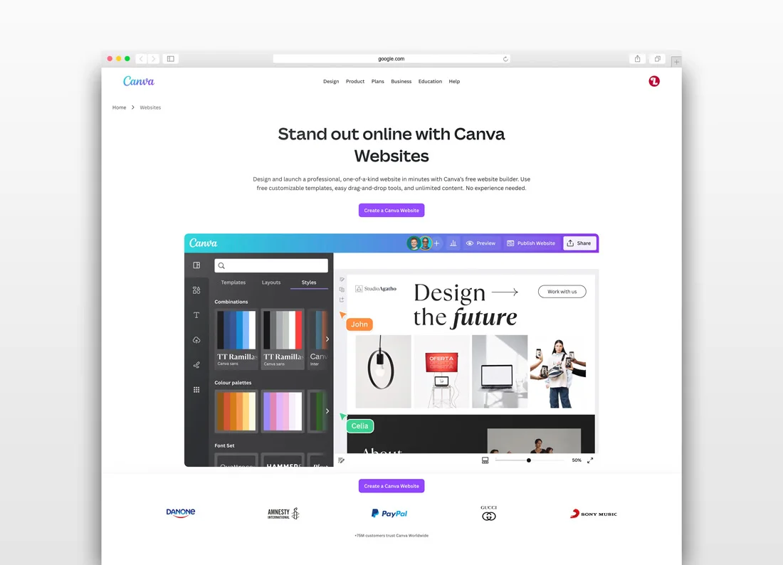 The home page of Canva Website, answering the 'Can You Design a Website on Canva?' question.